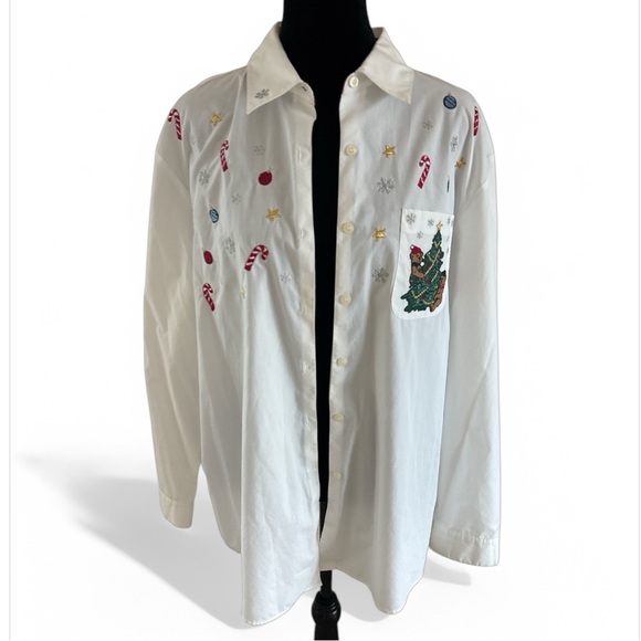 Vintage Christmas Tree Cady Cane Teddy Embroidered Karen Scott Button Down 0084 - Picture 1 of 7